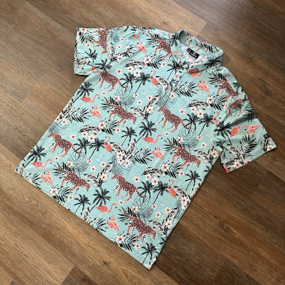 Greenside Golf Polo Men's AOP Cheetah Floral Flamingo Sz XXL Loud Vibrant‎